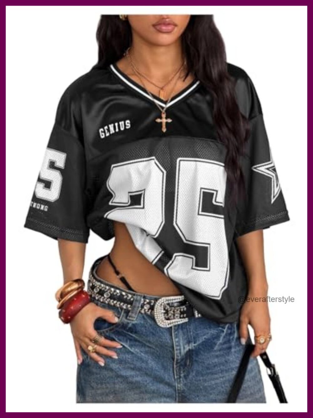 Women's Oversized V-Neck Graphic Jersey Tee Y2K Streetwear Short Sleeve
